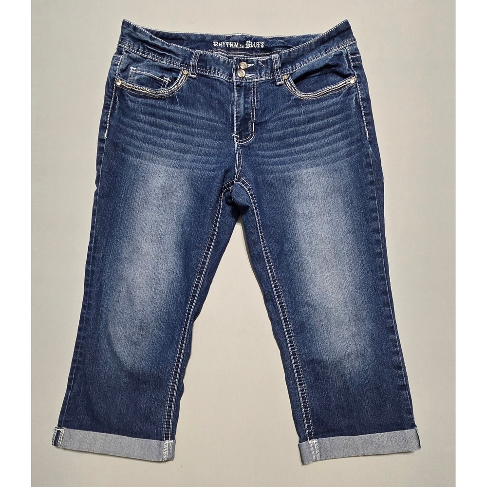 Rhythm in Blues Capri Jeans Embroidered Rhinestone Women 12 Blue Denim Stretch